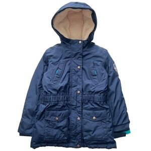 Lands End Girls Medium 10/12 Blue Down Winter Jacket Hooded Parka Zip Grow Along